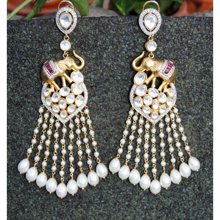 Nizami Ruby Polki Diamond Pearl Dangler Earrings